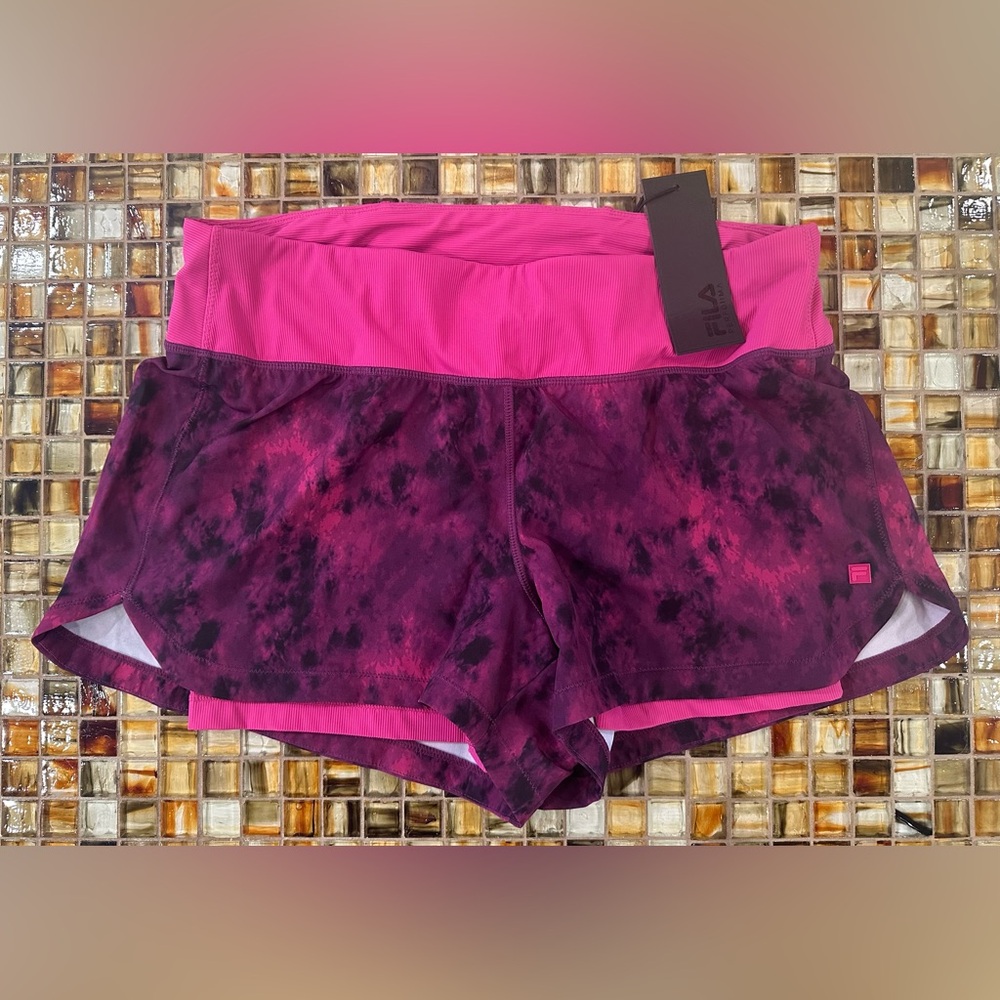 NWT Fila Sport Womens 2-in 1 Running Athletic Shorts~Large~Pink & Black Tie-Dye